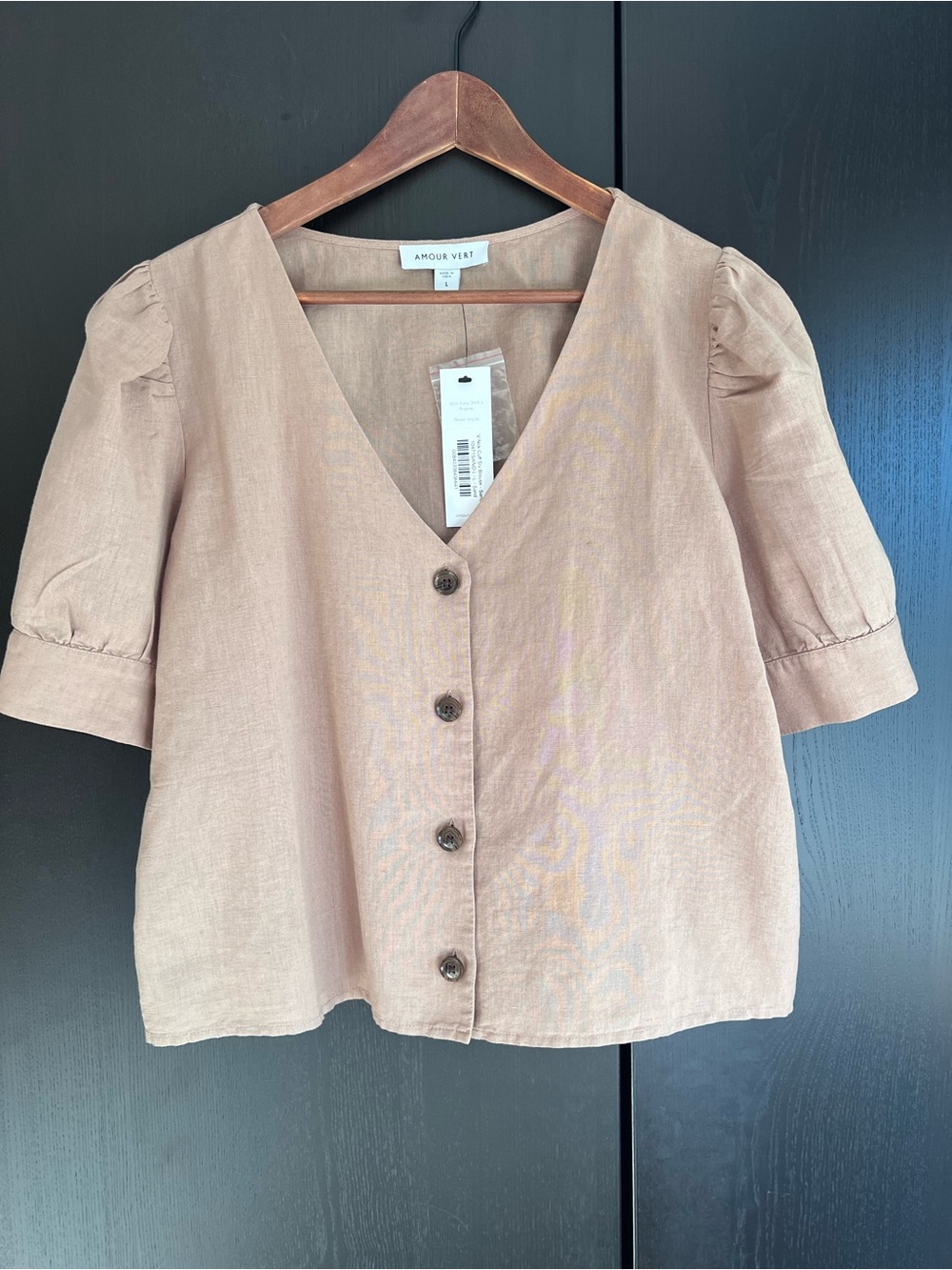 NWT Amour Vert Linen/Cotton Tan V-Neck Puff-Sleeved Blouse
